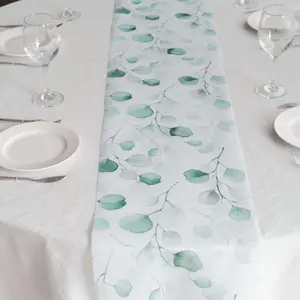 Disposable Table Runner 11"x108" White with Green Eucalyptus Leaves Print - Non-woven Stylish Spring Summer Dining Decor