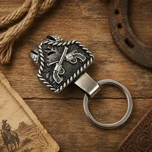 Handmade Double Revolver Western Keychain – Vintage Cowboy Gun Key Holder, Texas-Inspired Bag Charm & Car Key Accessory Gift for Men & Women Cow Tag