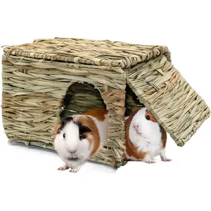Large Grass House for Guinea Pigs,Hand Woven Straw Hut Foldable Small Animal Play Hideaway Bed with Double Openings Playhouse for Bunny Guinea Pig Chinchilla Ferret GUINEA PIG HOUSE