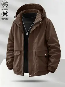 Men's Casual Solid Color Work Windbreaker Jacket, Outdoor Water-Resistant Loose Fit Hooded Functional Jacket for Versatile Wear