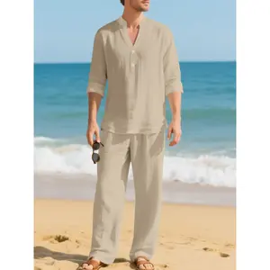 Men’s linen two-piece set featuring a long-sleeved Henry shirt and pants—casual summer beachwear made from comfortable, breathable fabric suitable for outdoor activities.