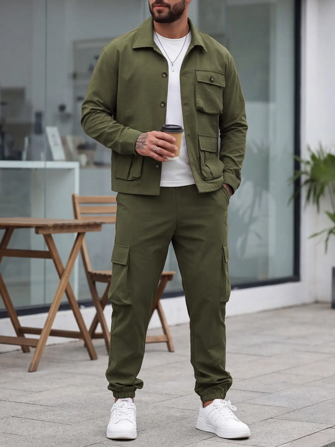 Men's Casual Trendy Lightweight Comfortable Big Pocket Long Sleeve Shirt Pants Matching Style Set, Outfit, Fashion Military Two-Piece Suit