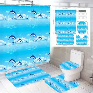 4pcs Aquatic Bliss 5-Piece Shower Curtain Set - Playful Blue Dolphins Design with Matching Bath Mats and Toilet Seat Cover, Perfect for a Cheerful Bathroom Makeover Inspired by Summer Vibes and Ocean Adventures
