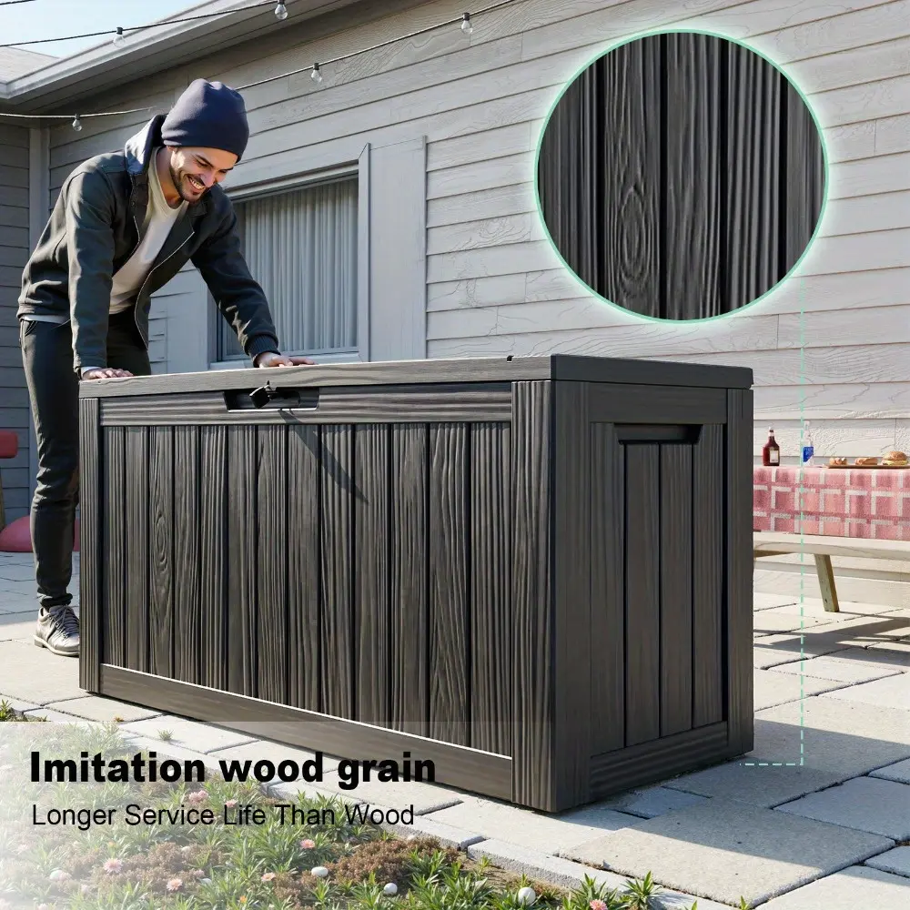 92Gallon Deck Box WOOD GRAIN Outdoor Storage Box, UV Resistant, Resin Package Delivery And Storage Box with Lockable Lid for Patio Furniture Cushions, Pool Accessories, Garden Tools, Outdoor