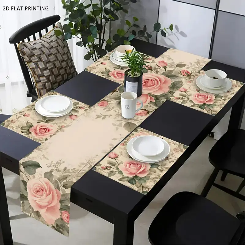 2D flat printing, set of 1 piece/4 pieces/6 pieces, retro rose flower pattern table flag and floral pattern placemat set, suitable for dining and kitchen tables, Home, family gatherings, seasonal decoration, daily desktop decoration