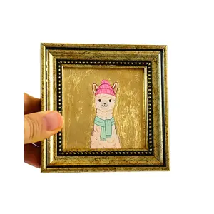Cozy Alpaca Mini Painting Hand Painted 4x4 Gold Framed Art Cute Winter Animal Illustration with Pink Hat Whimsical Llama Wall Decor Handmade Original Artwork Fun Gift for Animal Lovers and Cozy Home Aesthetic