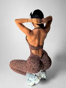 Women's Leopard Print Halter Backless Jumpsuit, High Waist Stretch Yoga Fitness Sportswear, Summer Spring Fashion Workout Clothes, Sportswear Jumpsuits, Tight Fitting Jumpsuit