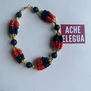 Ide Elegua with Azabache Handame Bracelet - Elegant Design with Azabache Stone and Black and Red Beads