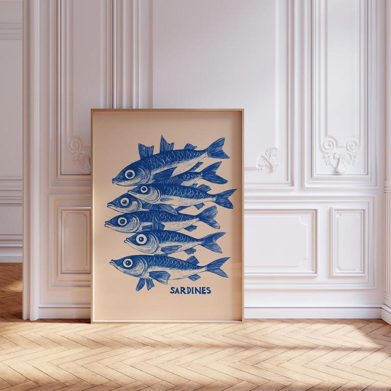 Blue Sardine Print | Blue Fish Print | Sardine Kitchen Print | Retro Sardines Wall Art | Seafood Coastal Kitchen Print | Sardine Art Print | Unframed – 5 Size, 8x12 to 27x40 inch