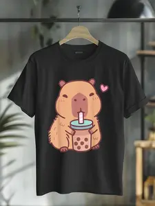cotton Cute Capybara Kawaii Anime Drinking Bubble Tea Lover Girls T-Shirt casual Fashion graphic tees for women