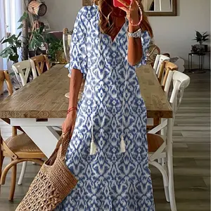 Geometric Sky Maxi Dress - V Neck Casual Chic