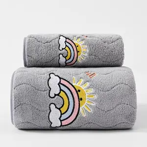Soft Towels Set for Bathroom Cute Embroidery Highly Absorbent Microfiber Bath Towel Hand Towel Set
