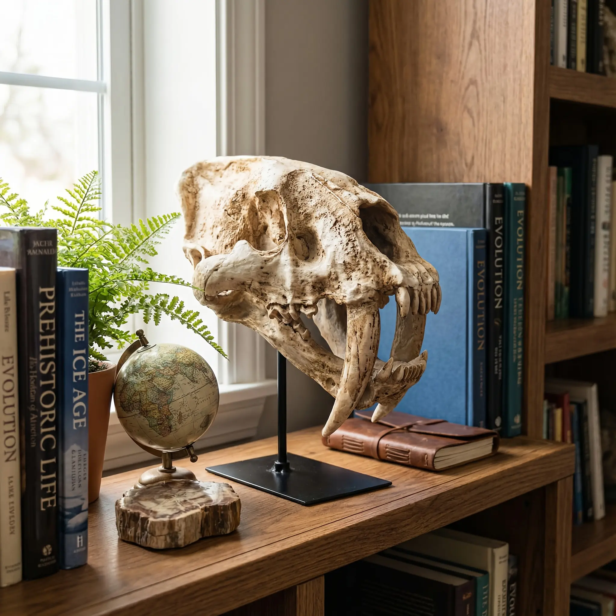 Decorative Realistic Saber-Toothed Tiger Skull Resin Figure - Life-Like Animal Shape Tiger Figurine Statue for Ice Age Cave Themed Home Office Desk Decor, Unique Birthday & Holiday Gift, Resin Figures