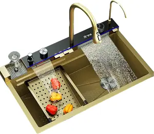 Bronstarz 29.5*18 INCH Digital Display Embossed Stainless Steel Gold Raindance Waterfall Sink with Pressurized Cup Washer and Two Waterfalls 29.5x18 INCH