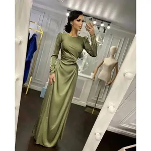 Women’s Satin Maxi Slip Dress – Long Sleeved, Puff Shoulders, Crew Neck, Tucked/Ruched Waist, Tie Detail, High Slit