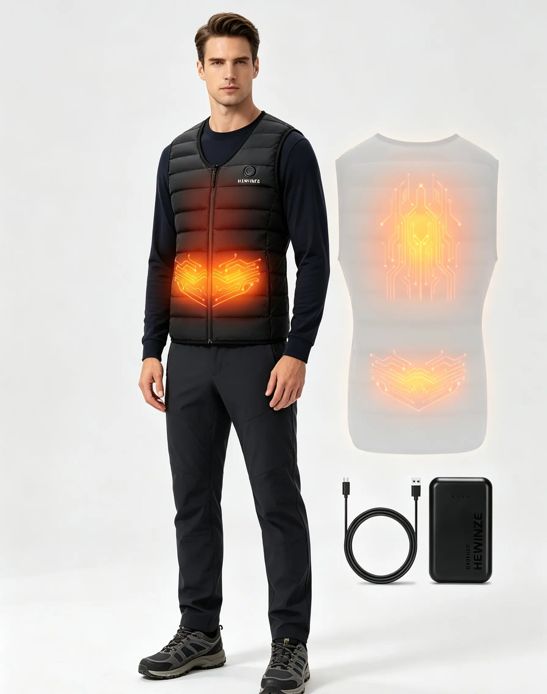 HEWINZE Men's V-Neck Heated Vest, Upgraded Heating Panels, Fast Heating High-Quality Thermal Gilet, Fashion Sports Casual Heated Waistcoat with Power Bank