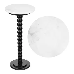 Monroe 24.25" Rustic Farmhouse Spindle Wood Drink Table and Decorative End Table with White Marble Round Top