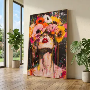 [sale off up to 40%] [Frame Canvas] Vibrant Floral Crown Portrait Canvas, Abstract Woman Face Art, Colorful Flower Painting