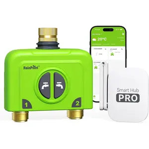 RAINPOINT WiFi Water Timer for Garden Hose, 2 Zone WiFi Sprinkler Controller, Smart Hose Timer Valve, Automatic Drip Irrigation System/Rain Delay for Garden/Lawn (Brass Inlet & Outlet, WiFi Gateway)