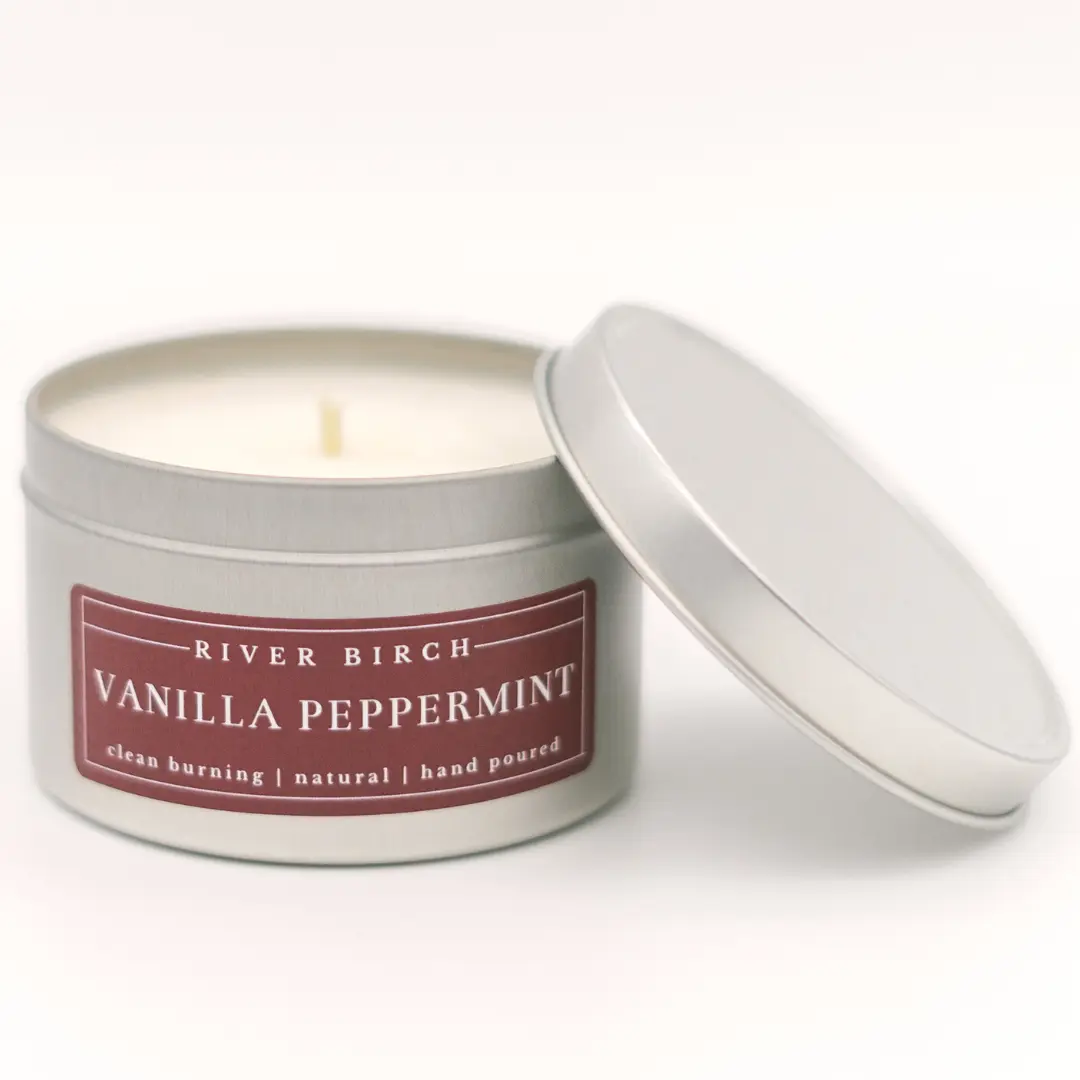 River Birch Vanilla Peppermint 8oz Silver Tin Hand Poured Soy Wax Candle Clean Burning Eco Friendly Decor Ornament Bean Decor Ornaments
