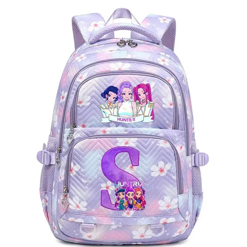 New Huntrx KPOP Cartoon Letter S Print Backpack - Pastel Purple Cherry Blossom Chevron Quilted, Lightweight Water-Resistant Multi-Pocket Korean Style Large Student Daypack with Breathable Padded Straps