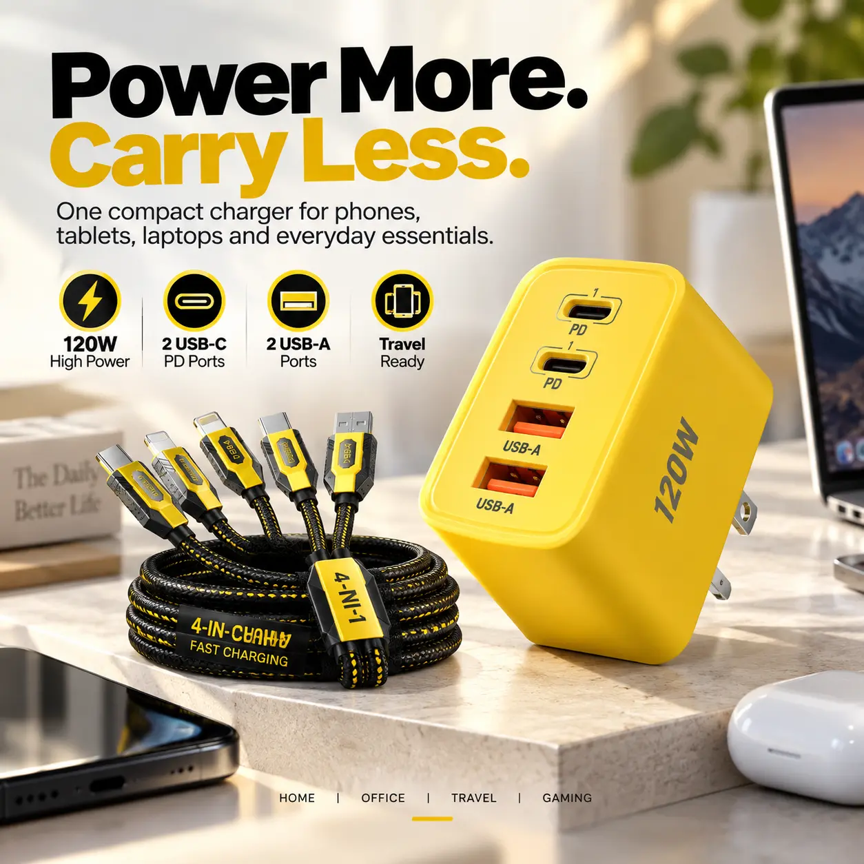 2PCS 120W Travel Charger with 2 PD USB-C + 2 USB-A Ports, 4-Port Fast Charging Wall Adapter for Phones, Tablets, Laptops and Multiple Devices