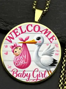 'Welcome Baby Girl' Crane Necklace - 2D Flat Zinc Alloy Glass Material, Pink Newborn Baby Christening Jewelry, A Perfect Gift for New Mothers and Gender Reveal Parties, Suitable for Commemorative Collection and Everyday Wear.