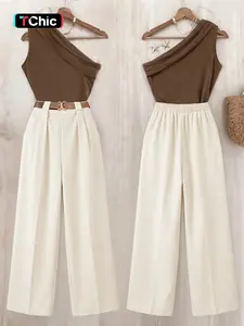 2 Piece One Shoulder Sleeveless Top Wide Leg Pants Set Women | High Waist Matching Outfit |  Office Business Casual Wear  | Soft Textured Matching Outfit | Minimalist Elegant Daily Wear