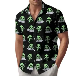 Alien Invasion Men's Hawaiian Shirt - Green Alien Pattern, Short Sleeve, Button-Up, Casual Wear Womenswear