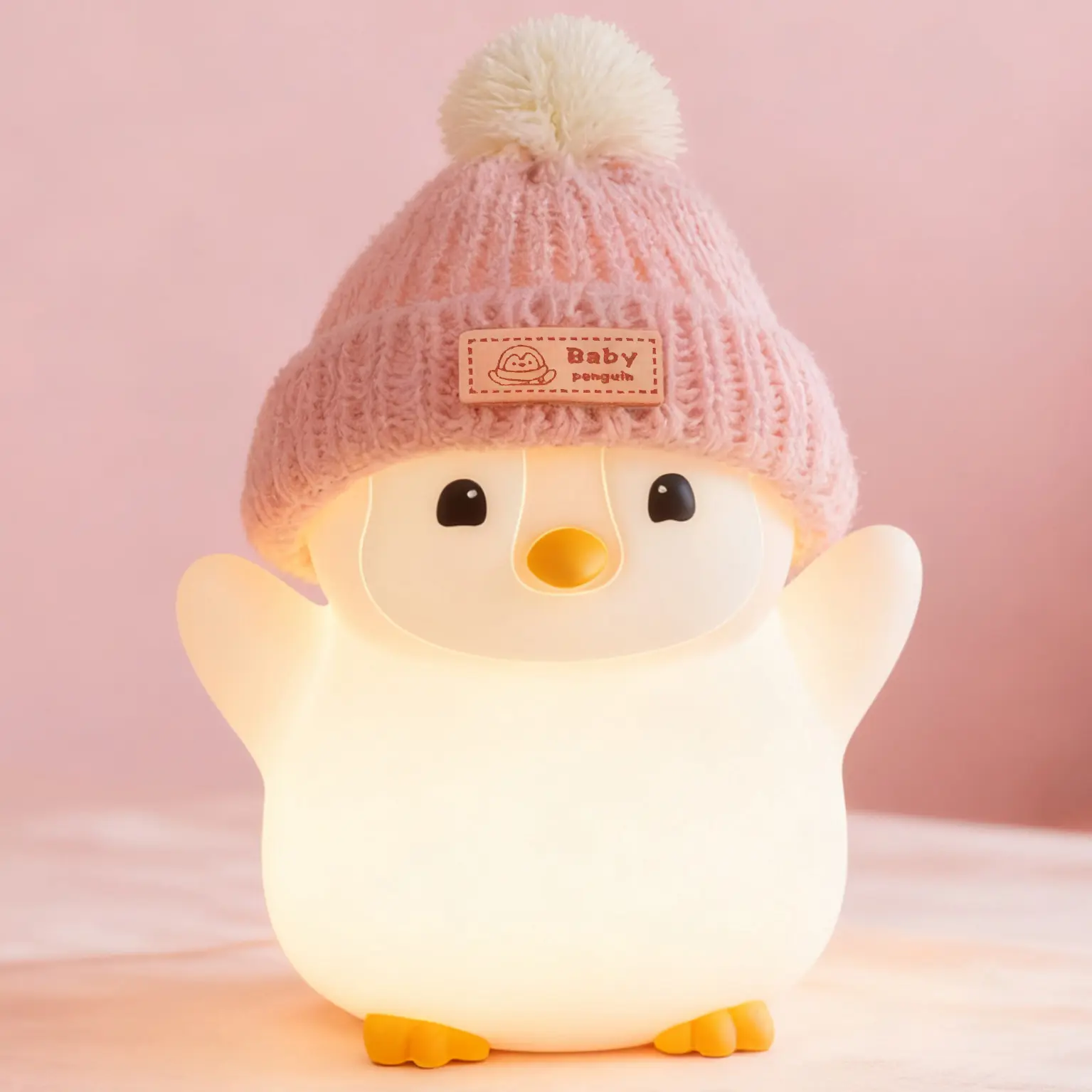 FAMIDUO Penguin Silicone Night Light, Cute Pink Penguin Lamp with Knitted Hat, Soft Nursery Nightlight, USB Rechargeable/Dimmable,LED Squishy Novelty Animal Bedside Lamp,Funny Gifts for Kids/Girls
