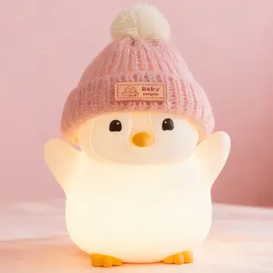 FAMIDUO Penguin Silicone Night Light, Cute Pink Penguin Lamp with Knitted Hat, Soft Nursery Nightlight, USB Rechargeable/Dimmable,LED Squishy Novelty Animal Bedside Lamp,Funny Gifts for Kids/Girls