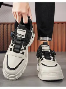Men's Yellow-Black High-Top Rotating Buckle Work Boots, Cool Techwear Style, Rotating Buckle Lacing + Platform Design + Logo Decor, Easy On/Off, Tough Style , Ideal for Daily Commuting & Outdoor Wear Scenarios