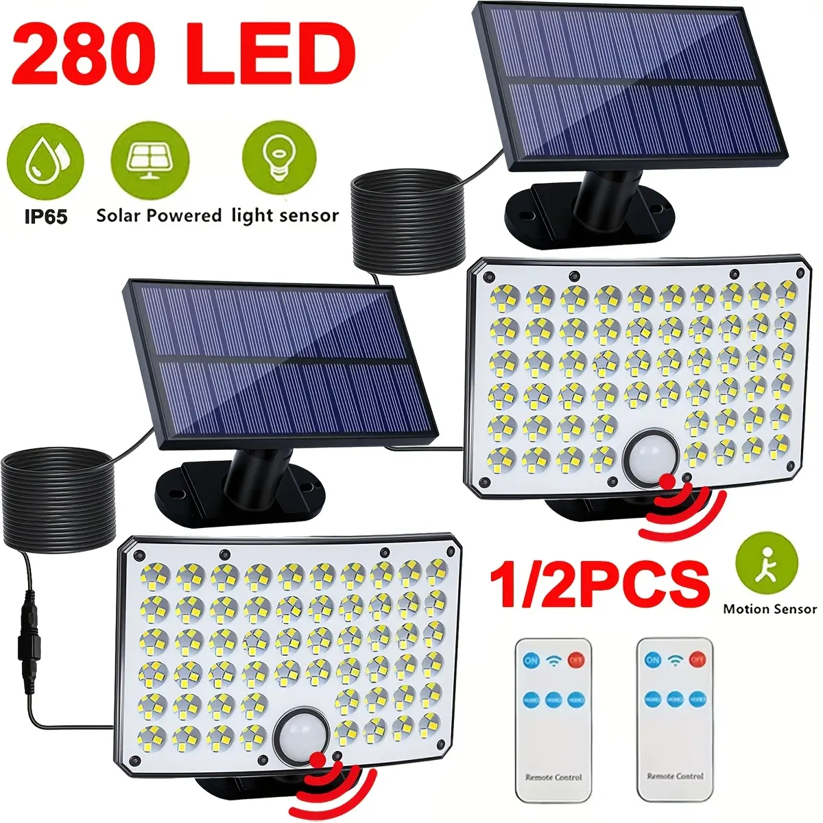 Leclstar 280 LED Solar Lights Outdoor, 3 Modes Motion Sensor Outdoor Lights, Remote Control Solar Flood Lights with 16.4 ft Cable, IP65 Waterproof Security Lights for Shed Patio Garage Porch