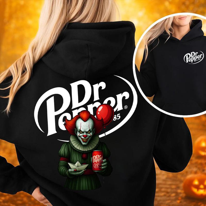 Spooky Dr Pepper Horror Halloween Double Sided Unisex Hoodie ,Dr Pepper Halloween Hoodie - Casual Top with Graphic Design, Available in Various Colors - Menswear, Tops Unisex Womenswear Cotton Fabric