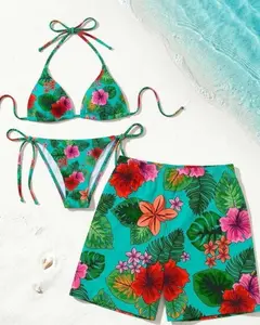 Unisex 2-Piece Tropical Matching Couple Swimwear Set - Teal Hibiscus Floral Print Bikini, Men's Adjustable Tie Swim Trunks, Moisture-Wicking Hawaiian Beach Outfit, Honeymoon Gift, Two-Pieces