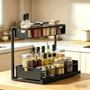 Undersink storage rack with 2 layers of high-quality metal pull-out kitchen cabinet storage box and sliding drawer, adjustable height, heavy-duty kitchen and bathroom storage container