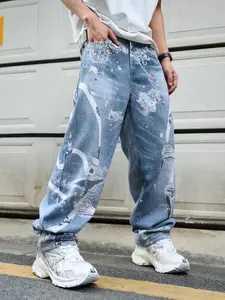 Men's 3D Printed Ethnic Jeans Y2K Graffiti Denim Jeans Classic Loose Fit Wide Leg Vintage Washed Jeans All Seasons Streetwear Pants