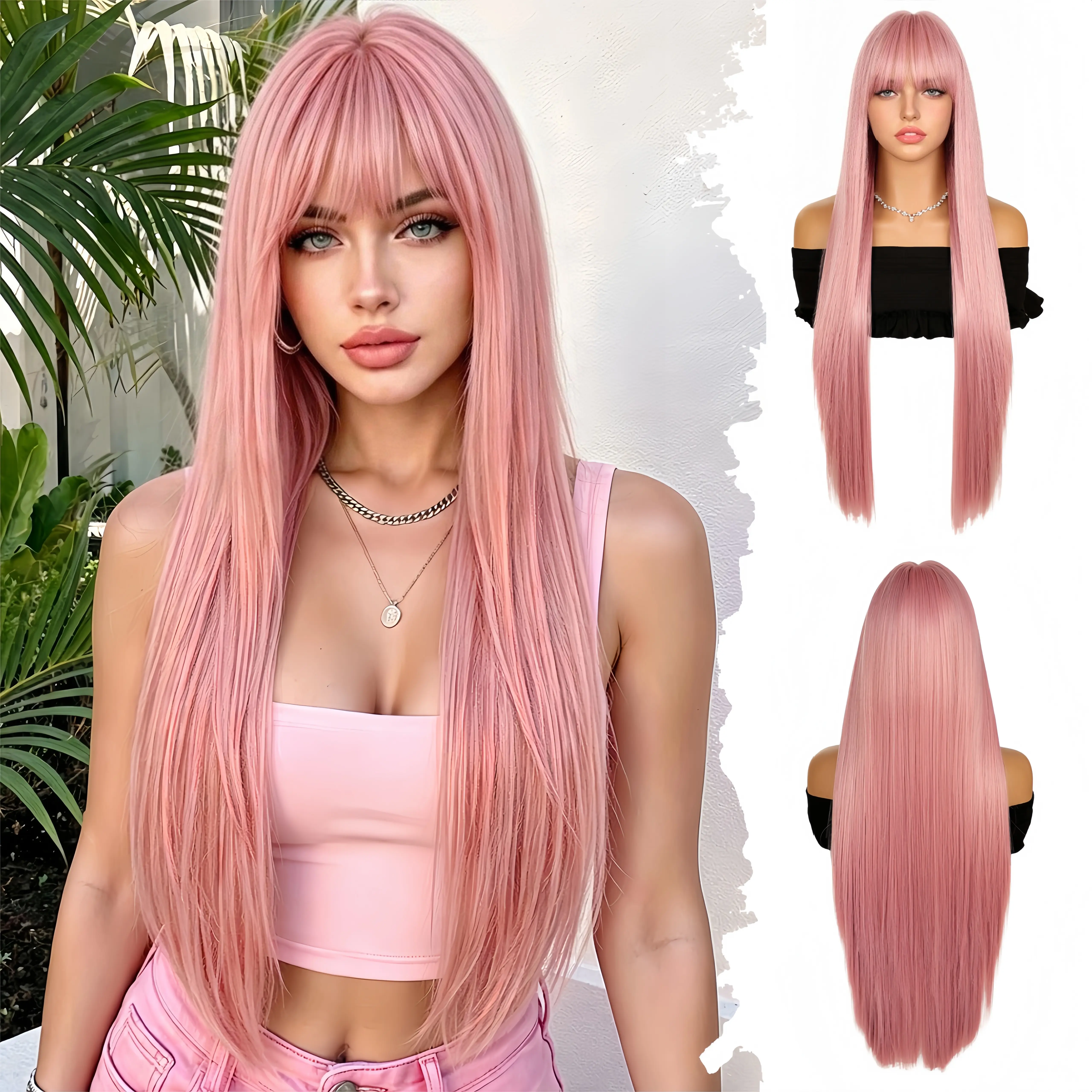 MIXPOP Women's 30in Pink Natural Straight Synthetic Hair Wig with Long Bangs, Silky Soft Heat-Resistant Fiber, Natural Hairline, Breathable Mesh Cap, Adjustable Combs and Straps, Suitable for Daily, Cosplay Use, Beginner-Friendly