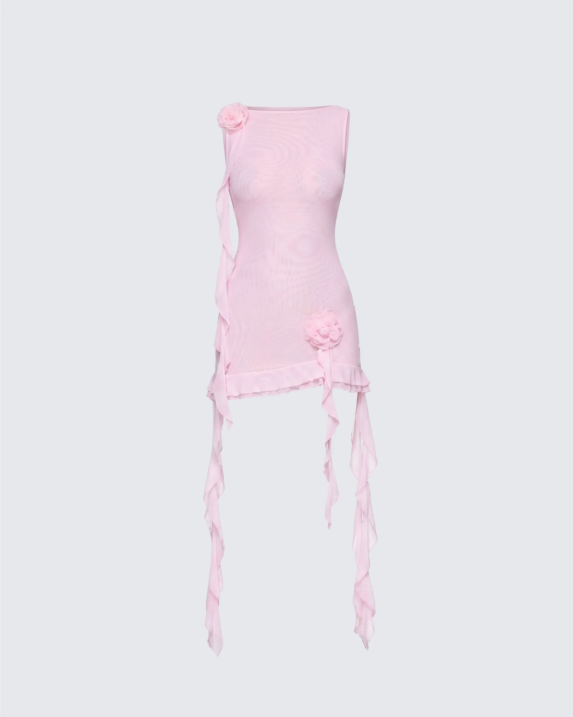 Lady's Tiana Pink Formal Wear Dress, Featuring Ruffle Details, Rosette Flowers, Ribbon Accents, and Spandex Fabric