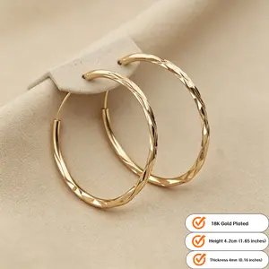 14K Gold Plated Twisted Hoop Earrings, 4.2cm (1.65") Height, 4mm Thick, Sparkle Diamond Cut Hoop Earrings, Hypoallergenic Lightweight Jewelry for Women,Perfect Gift for Her