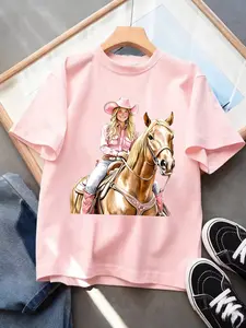 Teen Casual Western Style T-Shirt, Denim Girl Horse Print, Loose Round Neck, Soft Fabric, Breathable, Home/street/school, Multiple Colors Available