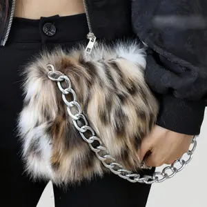 Women’s Modern Urban Fall-Winter Square Faux Fur Plush Shoulder Handbag with Metal Chain, Versatile Gym Accessory for Office Workers