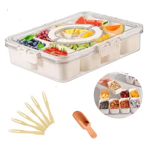 Divided Serving Tray with Lid and Handle - 1 Wooden Spoon & Mini Bamboo Forks for Portable Snack Platters. Snackle Box, Veggie Tray (8 Compartment) Airtight
