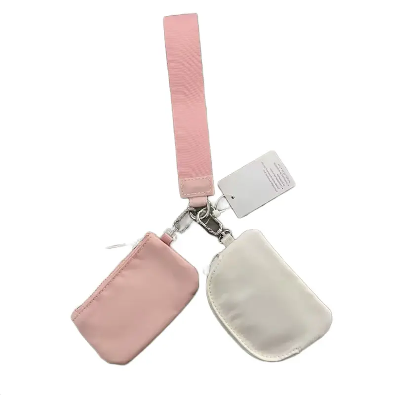 Dupe Dual Pouch Keychain Wristlet - Pink & Beige Zippered Wallet with Adjustable Strap for Keys and Coins