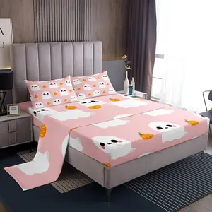 Cartoon Ghost Bed Sheet Set,Kawaii Gothic Sheet Set,Halloween Pumpkin Decorations Pumpkin Lantern Cute Shadows Pattern Flat Fitted Sheet