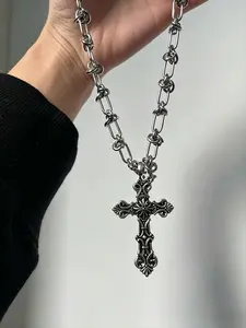 Gothic Vintage Silver Color Cross Pendant Necklace, Cuban Link Chain, Punk Street Jewelry for Men and Women, Unisex Gift Accessory