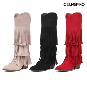 CELNEPHO Women Cowboy Boots Pointed Toe Knee High Fringe Design Chunky Block Heel Retro Easy Pull on Cowgirl Party Wear Country Wedding Concert Western Festival Dress Shoes