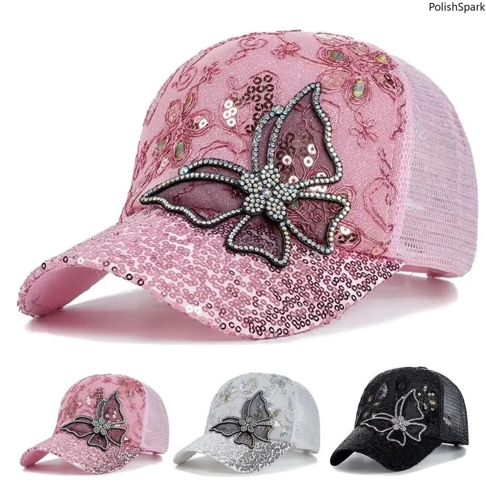 Women's Glitter Butterfly Sequin Baseball Cap - Glamorous Mesh Polyester Trucker Hat, Bling Rhinestone Lace Visor Hat, Adjustable Unisex Cap for Summer Outdoor Sports & Outdoor Activities, Sequin Visor, Butterfly Motif, Beach Outings, Breathable, Sequin B