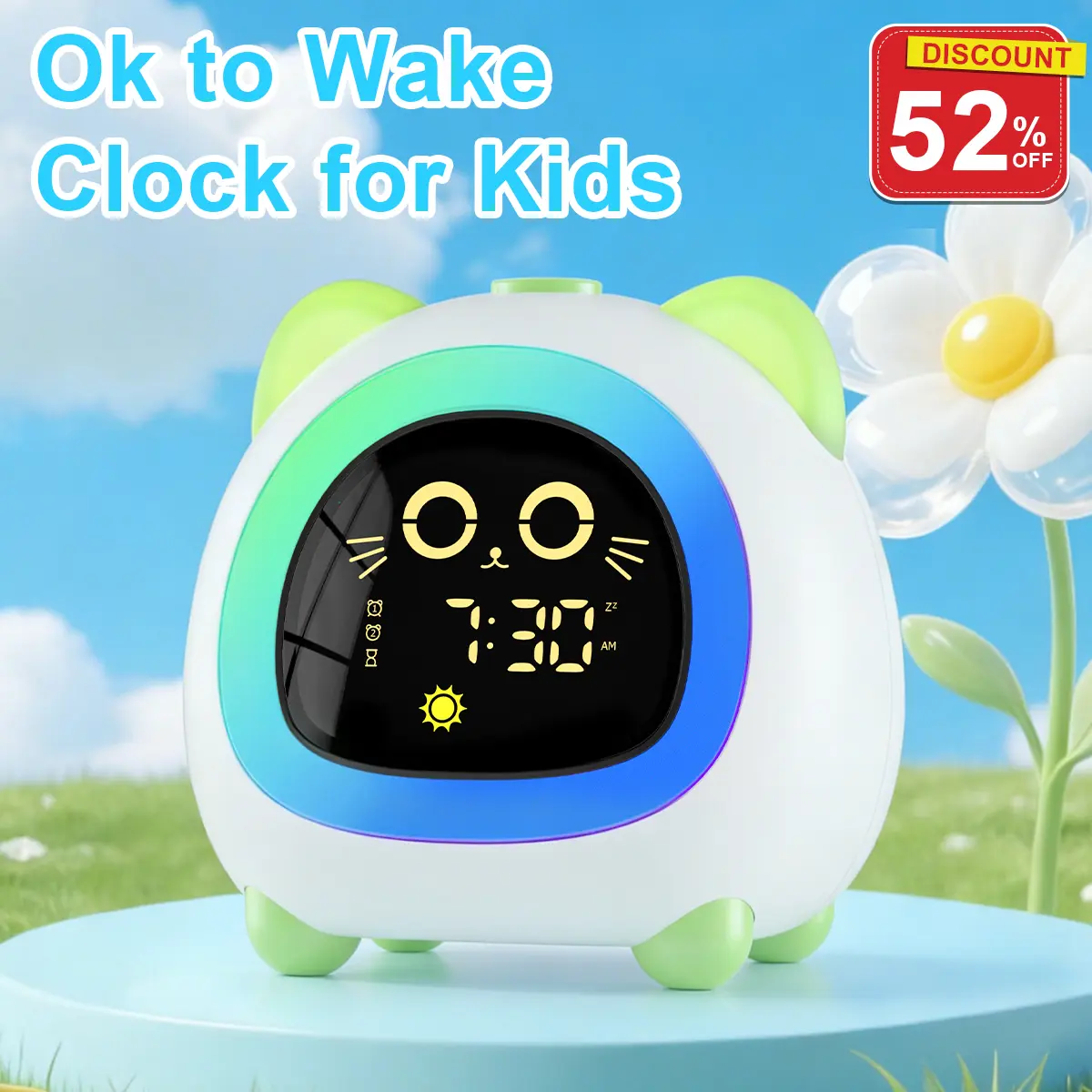 Decorative Green Cat Design OK to Wake Kids Digital Clock Set, Home Decor Sleep Training Night Light with Dual Alarm, Adjustable Auto-Off Timer for Kids