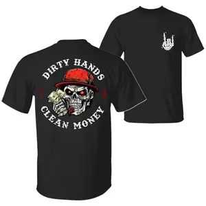 Dirty Hands Clean Money Skull T-Shirt, All-Season Workwear Style for Men & Women, Gift for Halloween, Casual Cotton Top Menswear & Womenswear